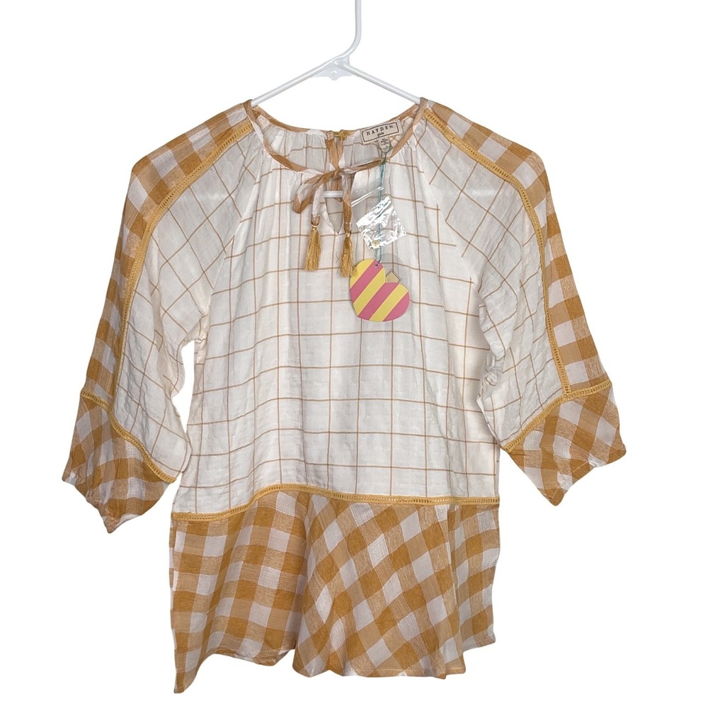 Hayden Girls Mustard Yellow Gingham Windowpane Tassel Peplum Blouse G7758 XL NWT